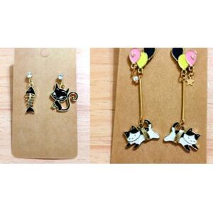 (2) Cute NEW Cat Earrings Black Cat w/Fish & Cat Floating w/Balloons Kitty Fun
